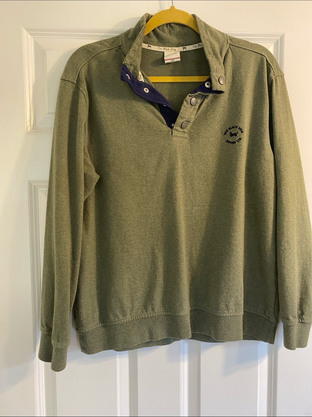 The Black Dog Olive Green Rugby Snap Pullover with Navy Placket
